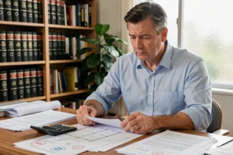 Homme consultant des documents notariés et des plans de terrain sur un bureau en bois pour calculer le budget global d'un achat immobilier