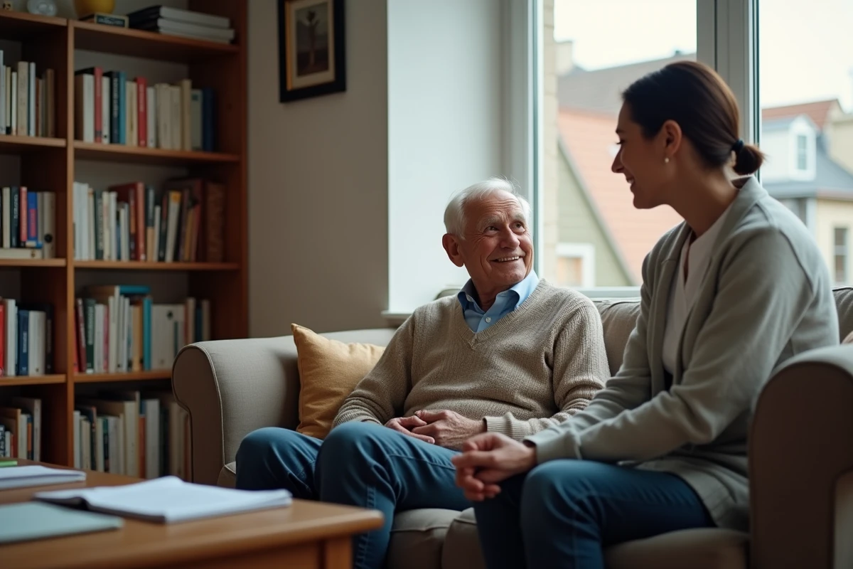 Homme âgé avec sa soignante dans un salon chaleureux