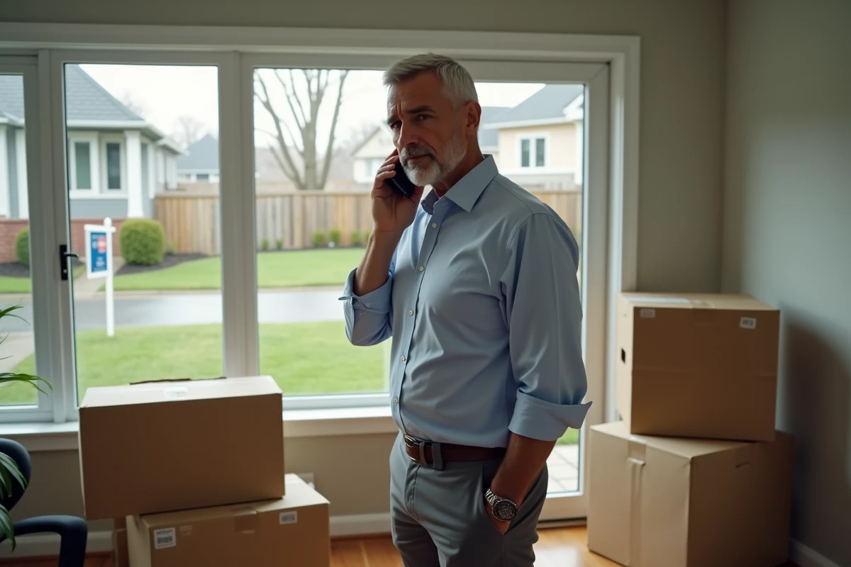Homme en pleine discussion téléphonique devant des cartons de déménagement