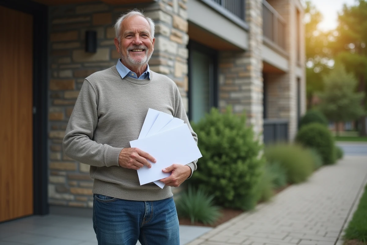 Homme souriant avec clé devant immeuble résidentiel