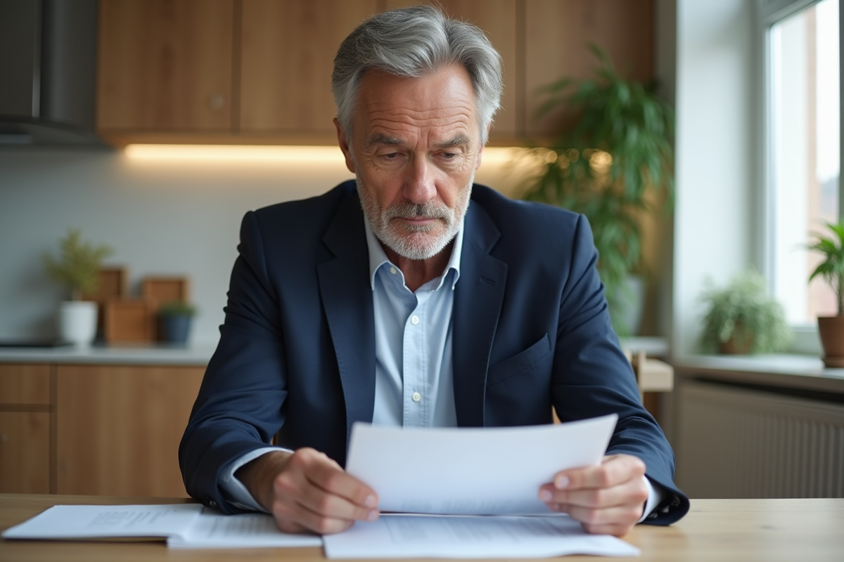 Homme d'affaires en immobilier examine des documents dans une cuisine lumineuse