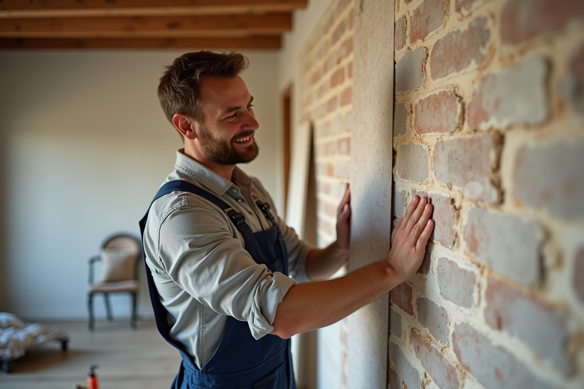 Homme en combinaison isolant un mur intérieur dans une maison moderne