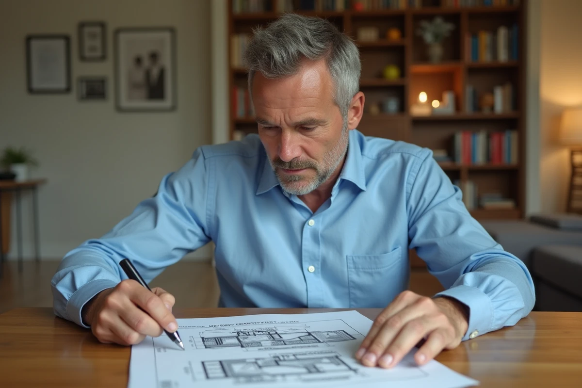 Homme d'âge moyen examinant documents immobiliers