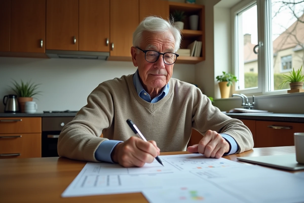 Homme âgé étudie des documents d