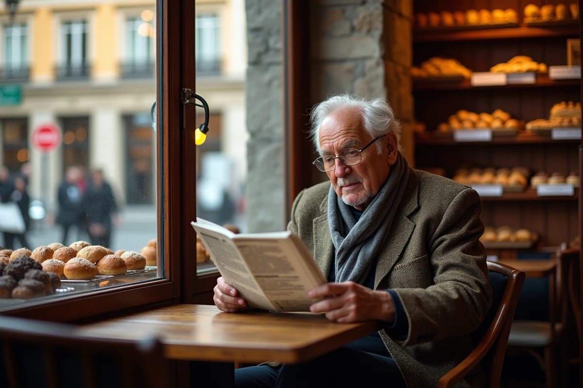 Homme âgé lisant un journal dans un café de Grenoble
