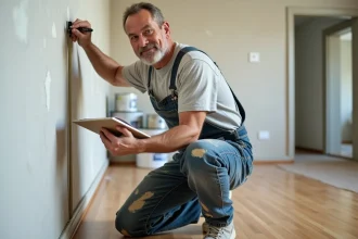 Homme en overalls mesurant un mur avec un mètre ruban