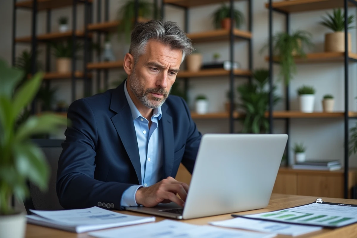 Homme d affaires en blazer bleu examine des données immobilières