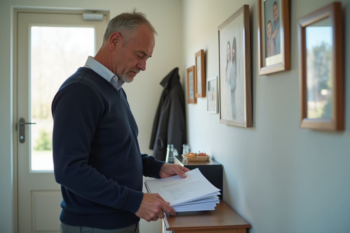 Homme rangeant des documents de location dans un couloir lumineux