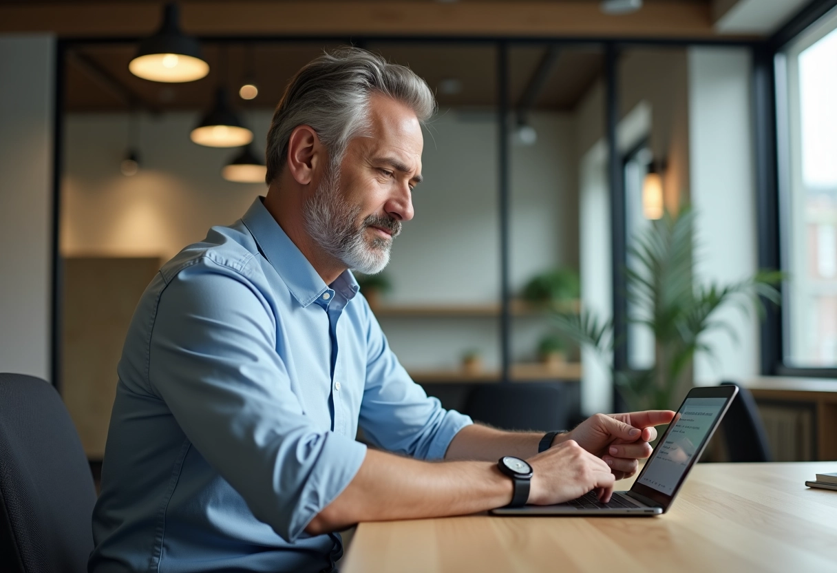 Homme ajustant ses paramètres de compte sur une tablette dans un espace de coworking