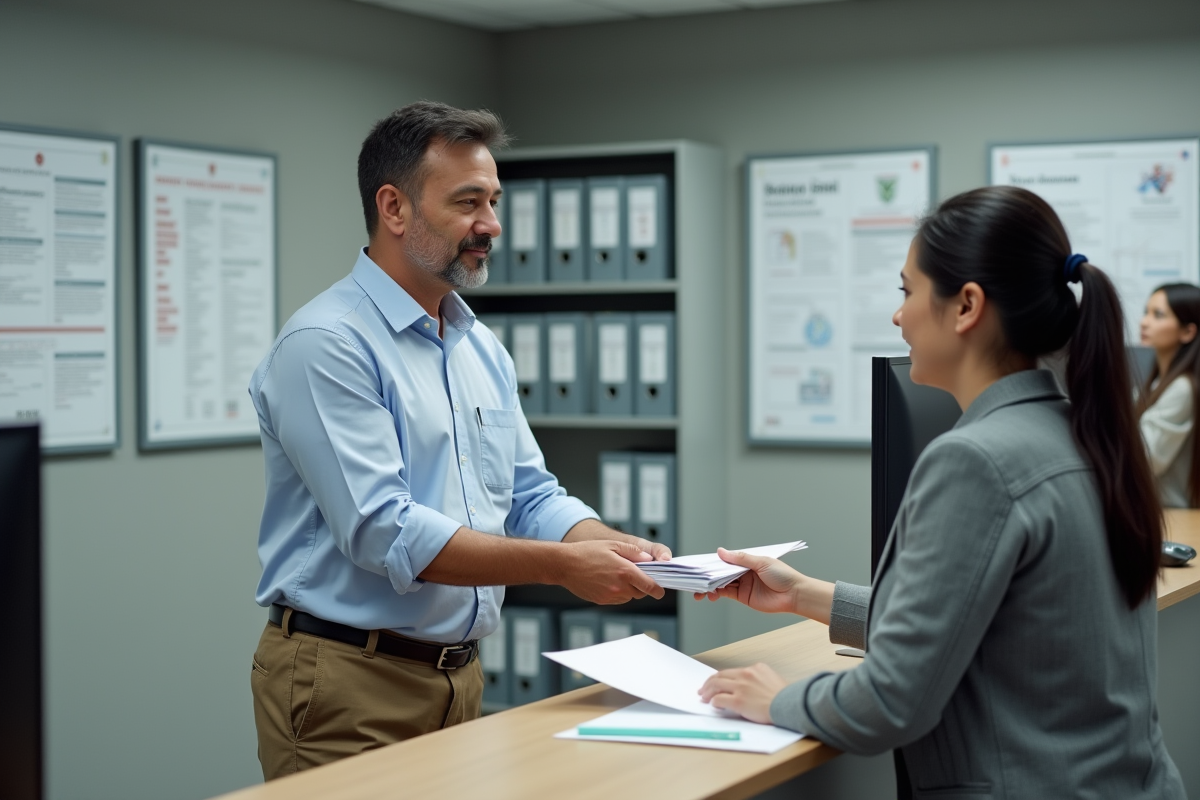 Homme remettant des documents à un agent administratif