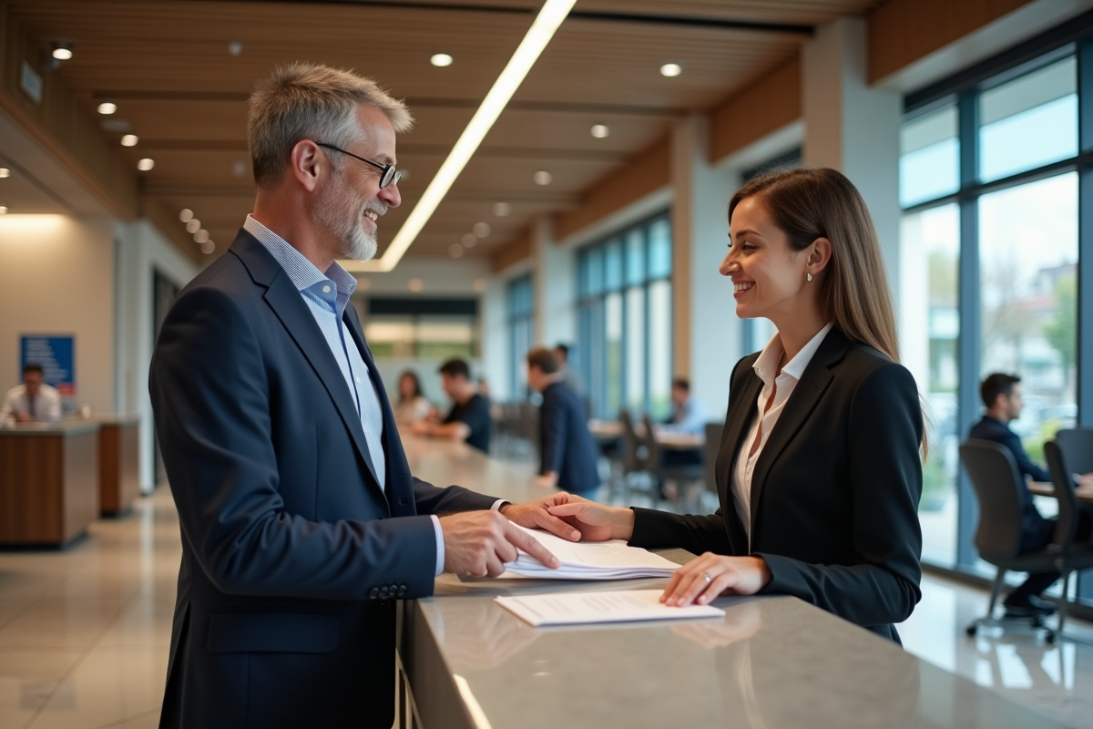 Homme d age moyen remet des documents à une caissière