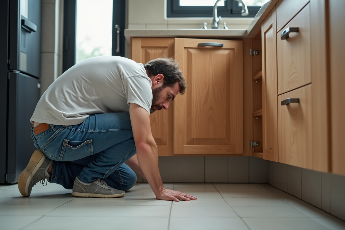 Homme examine un meuble endommagé par l'eau dans une cuisine moderne