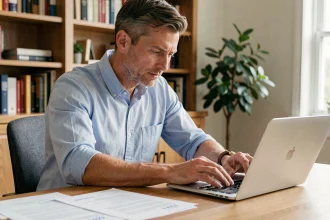Homme consultant des documents de prêt immobilier CASDEN sur son bureau pour une simulation de renégociation