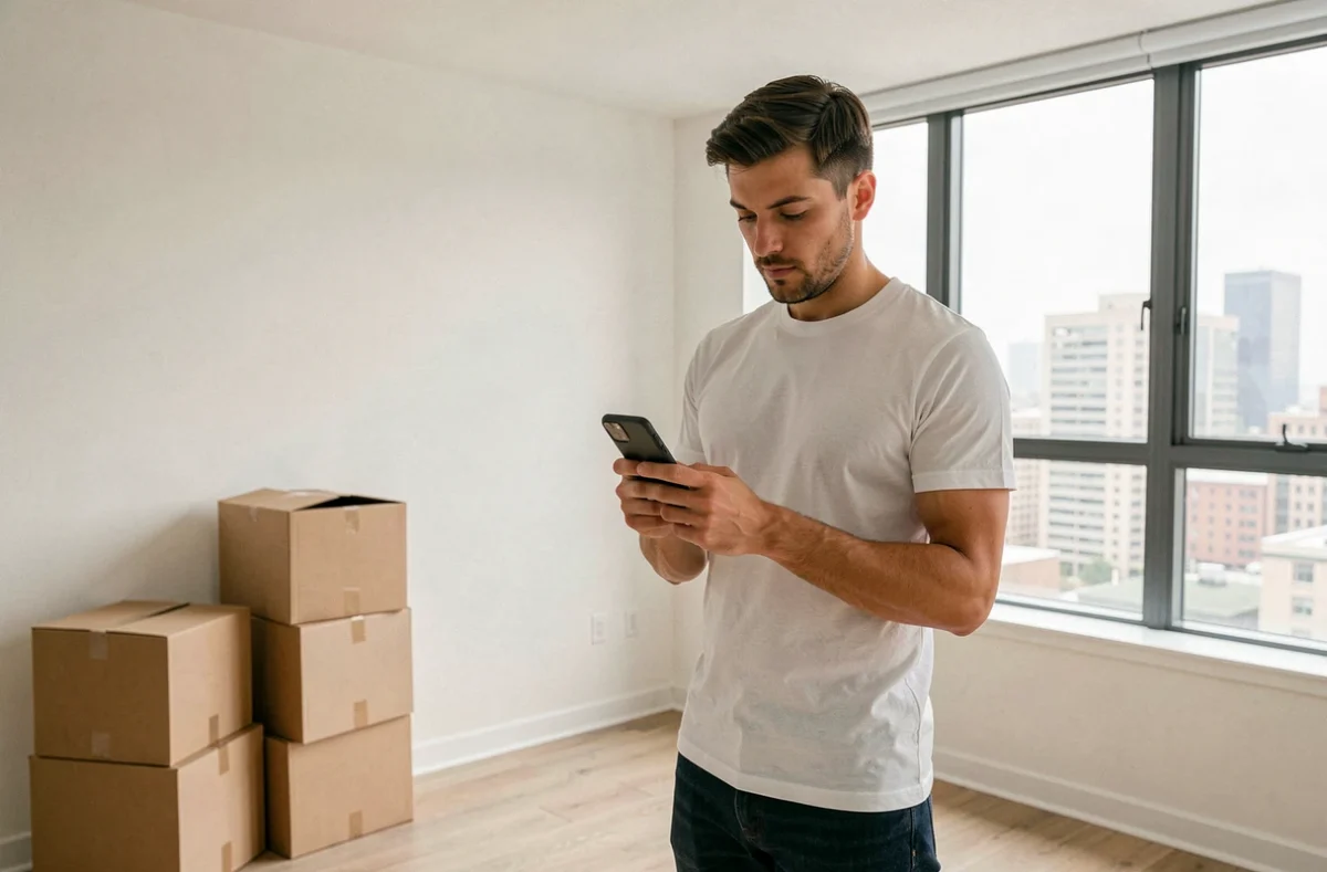 Homme comparant des offres d'assurance habitation sans dépôt initial sur smartphone dans appartement vide
