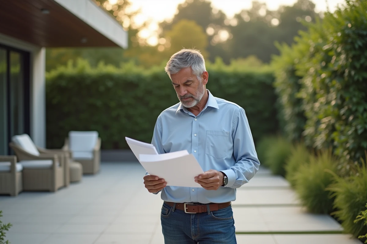 Homme d'âge moyen étudiant des documents immobiliers sur une terrasse