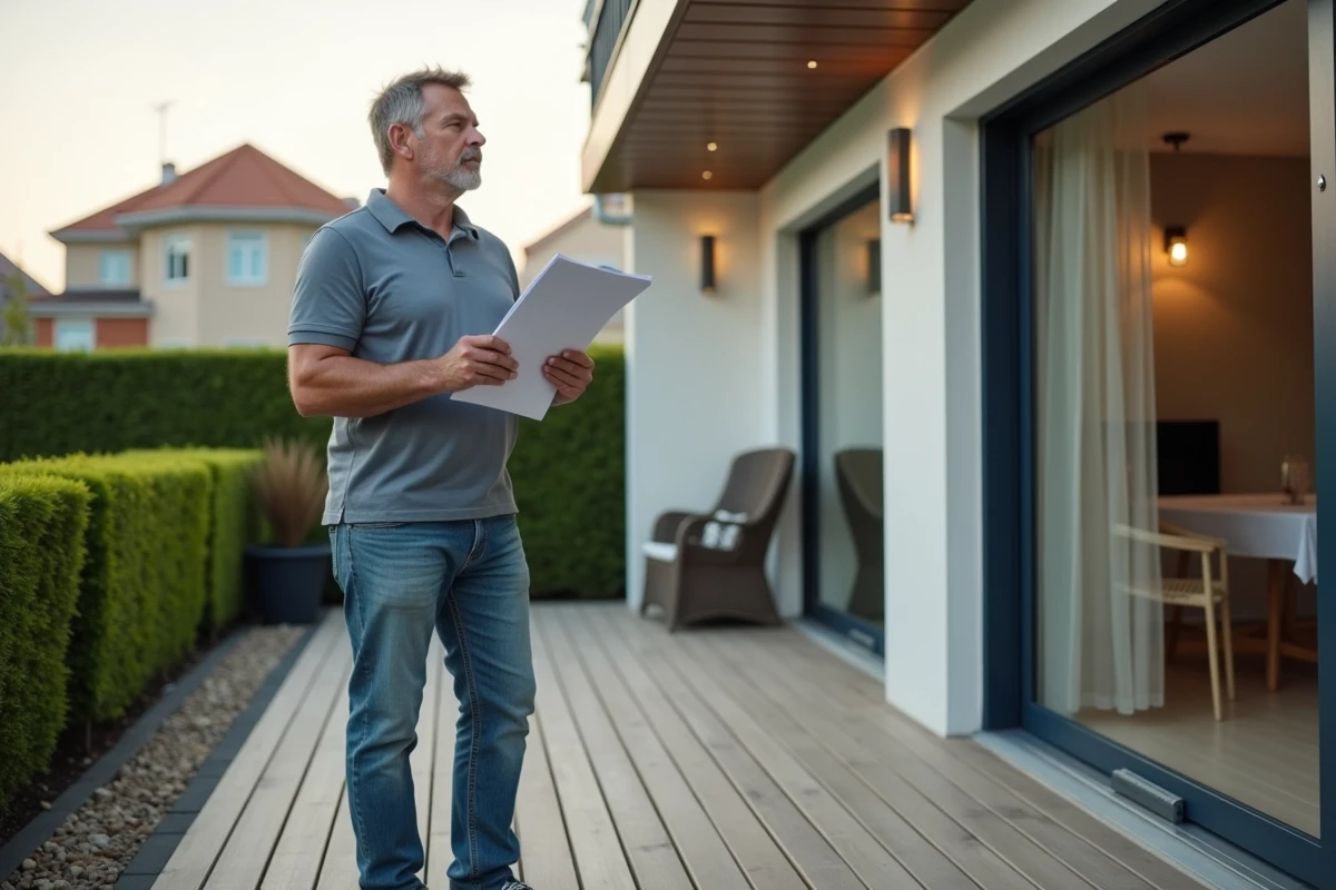 Homme d'âge moyen tenant un dossier d'impôts sur une terrasse moderne