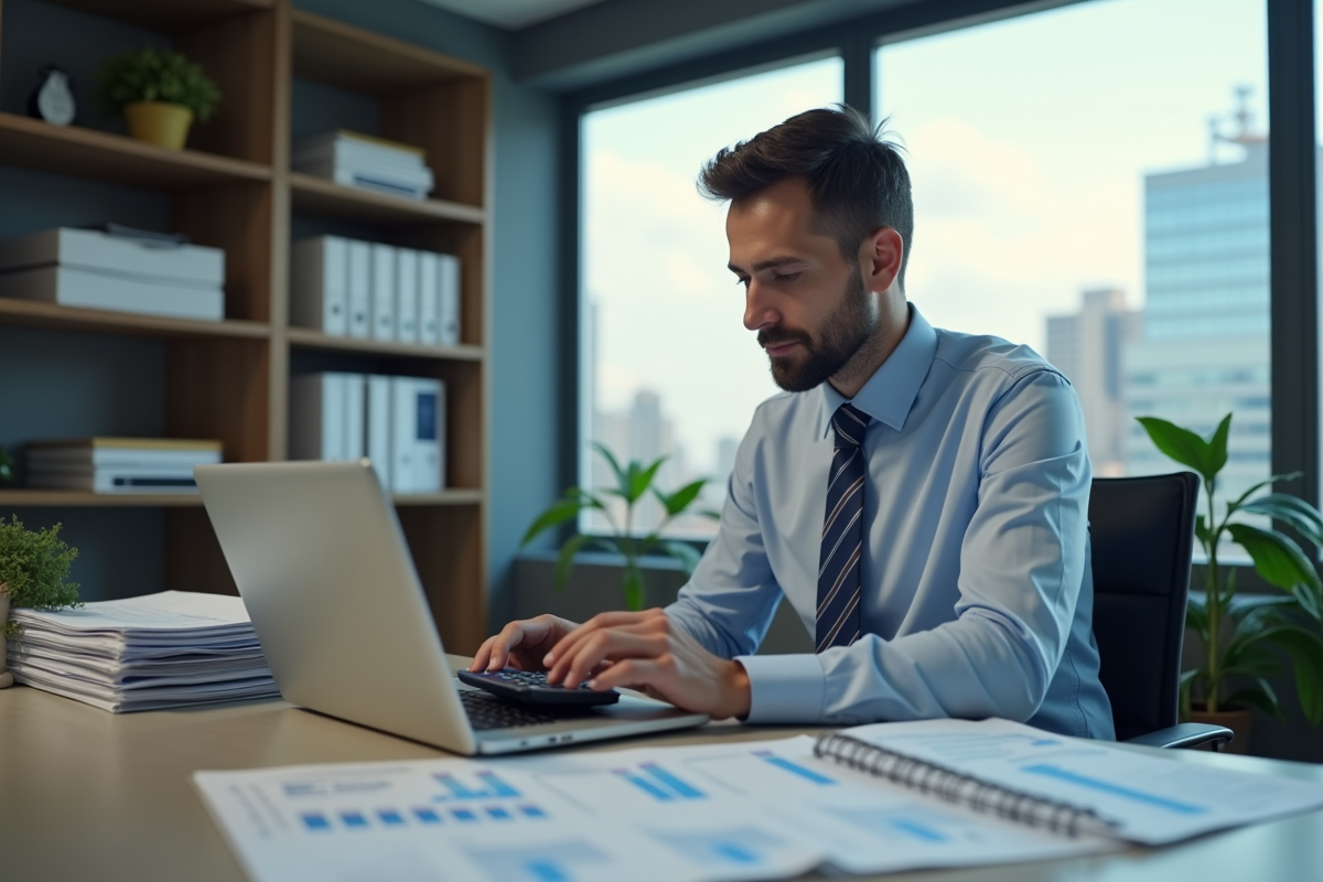 Homme d affaires calculant ses finances dans un bureau