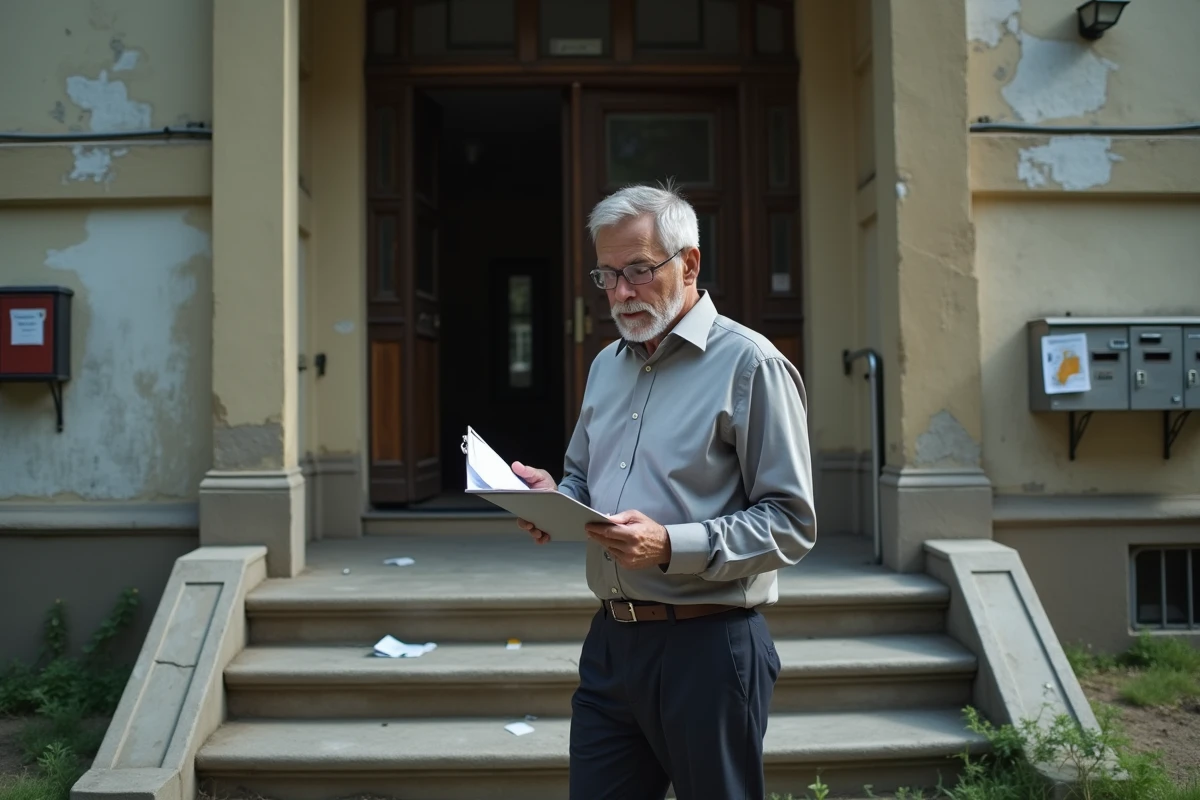 Homme d'âge moyen devant immeuble abandonné