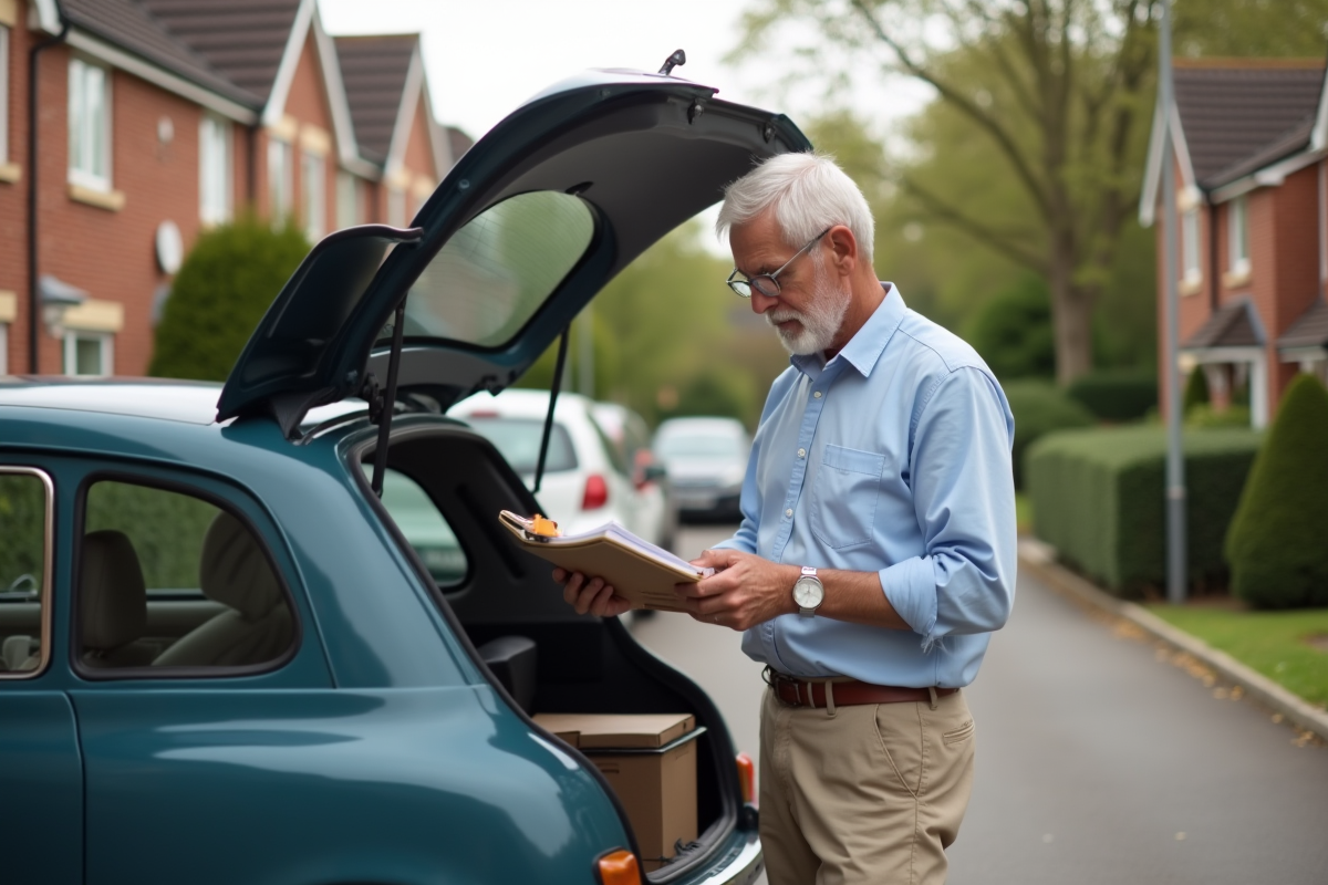 Homme vérifiant sa liste de déménagement devant sa voiture
