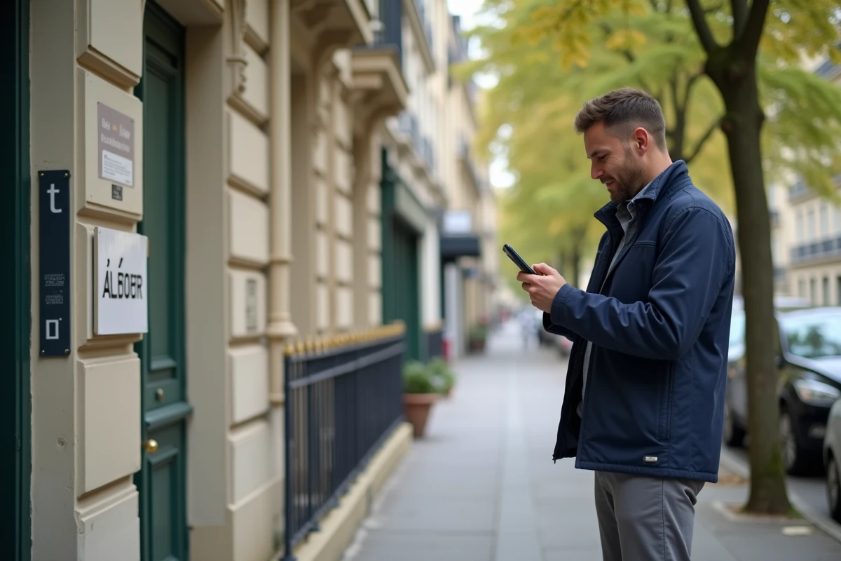 Homme consultant une application immobilière devant un immeuble parisien avec un panneau à louer