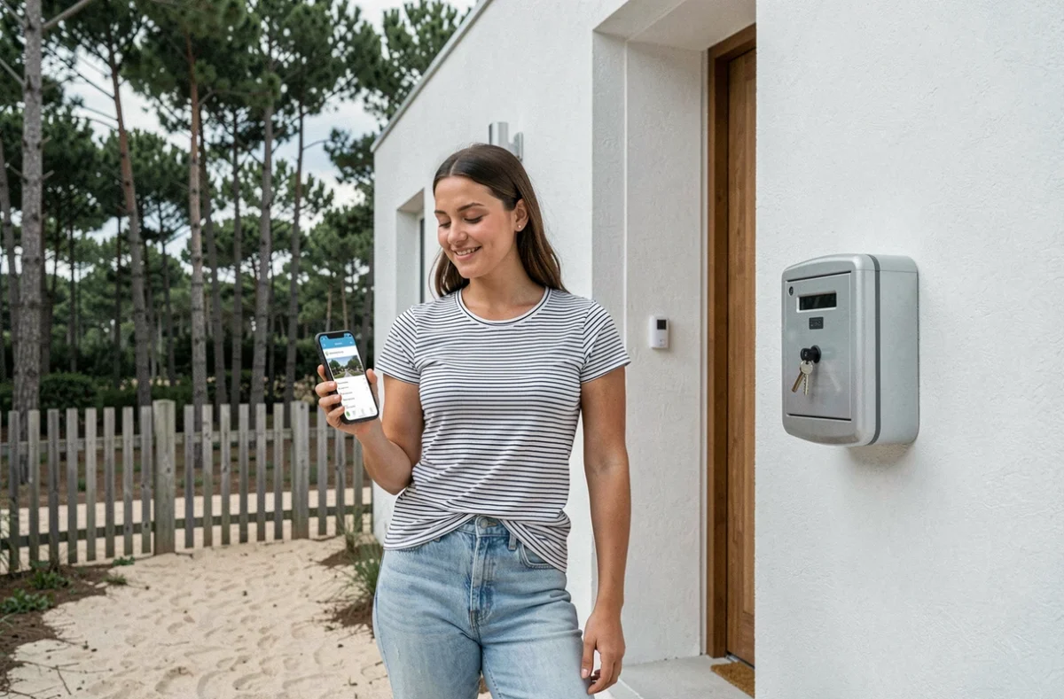 Concierge connectée Hoomy sur le seuil d'une villa de la façade atlantique avec application de gestion sur smartphone