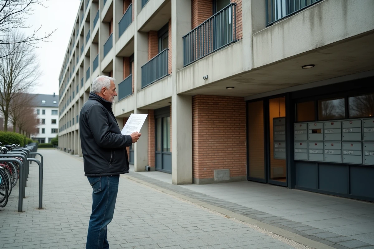 Résident lisant un courrier d'attribution devant l'entrée d'un immeuble de logement social en France