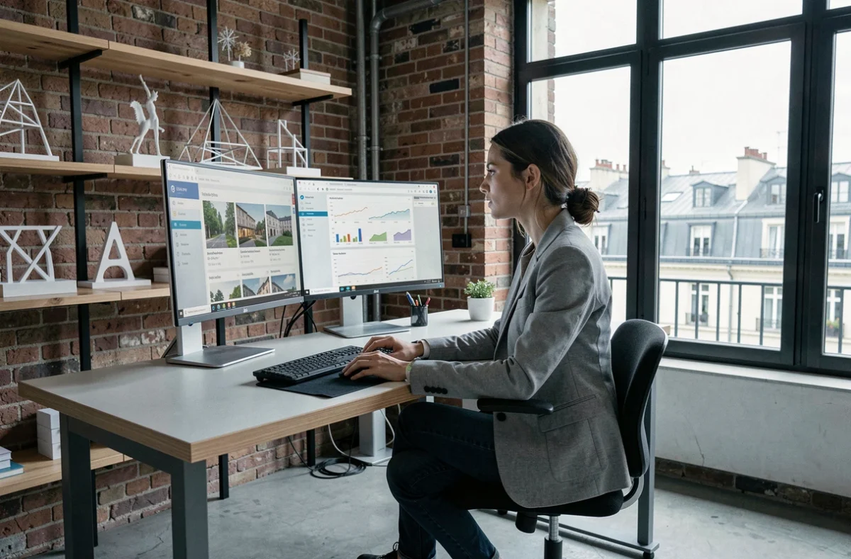Conseillère Imop travaillant sur des annonces immobilières dans un bureau moderne de style startup à Paris