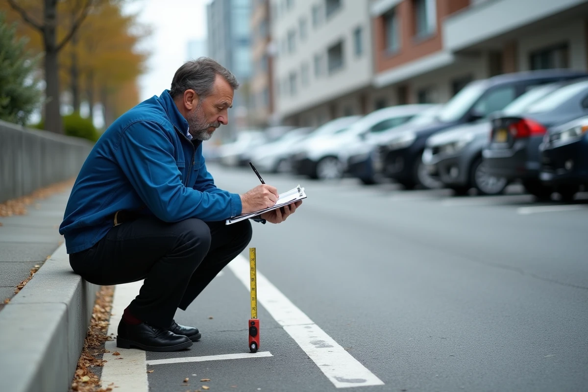 Inspecteur de stationnement mesurant une place en ville