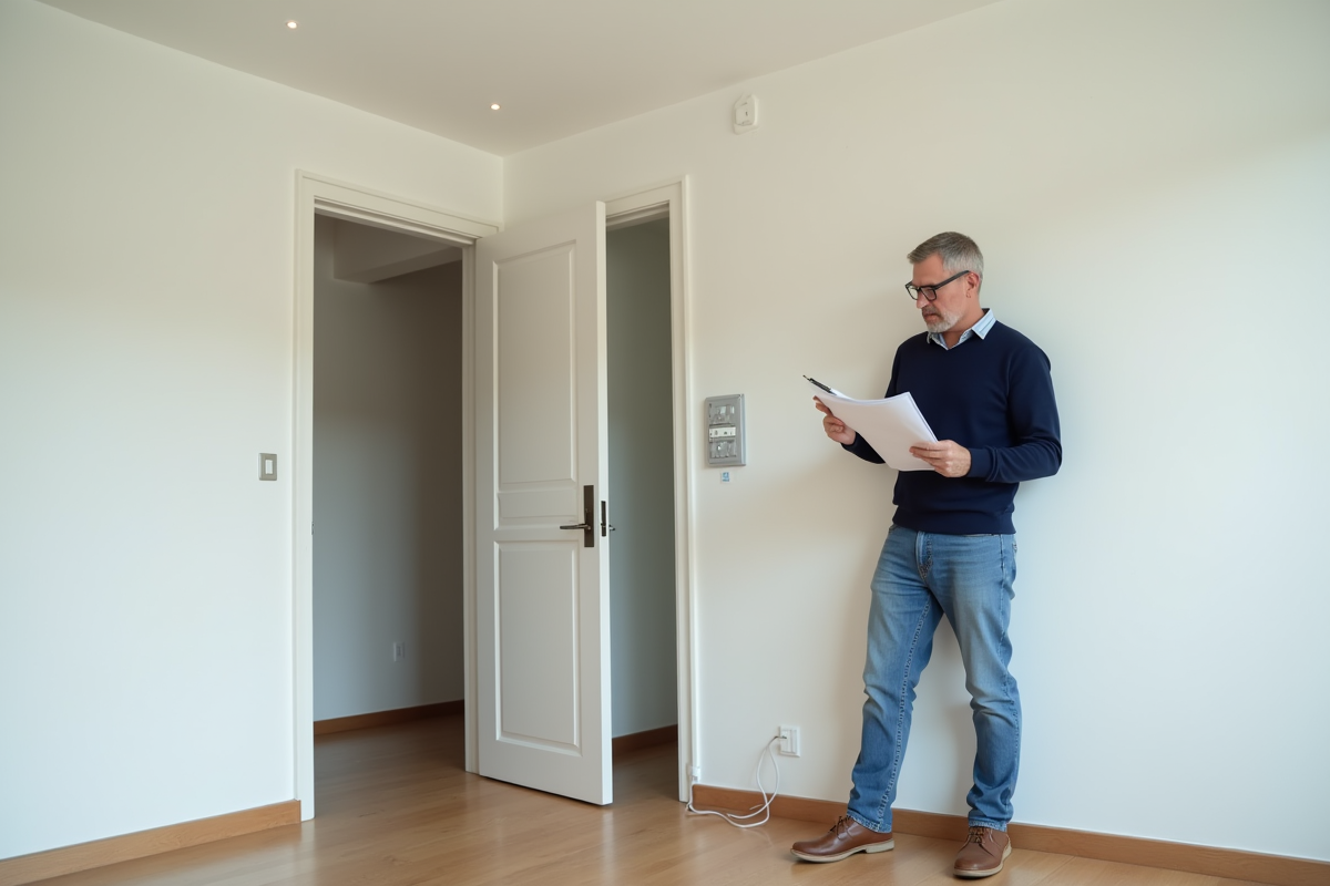 Homme inspectant un appartement vide avec panneau électrique