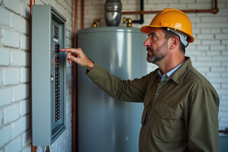 Homme inspectant un disjoncteur dans une salle technique moderne