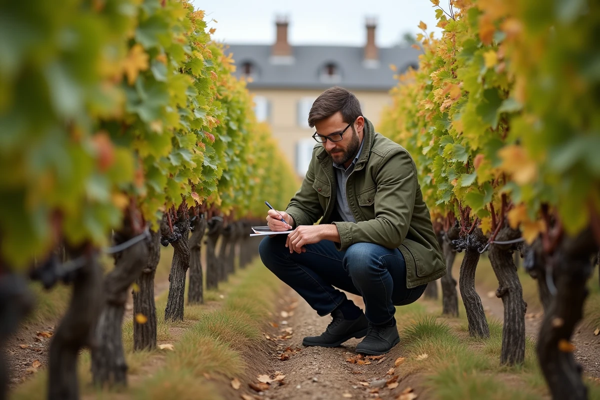 Œnologue inspectant des vignes sur une propriété viticole à vendre dans la région bordelaise en automne