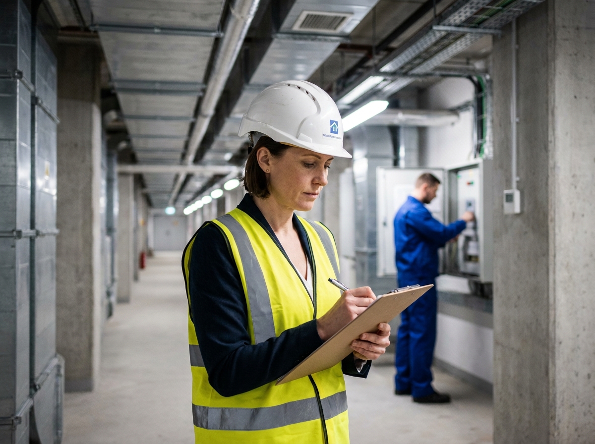 Inspectrice d'immeuble commercial en tenue de sécurité annotant une liste de contrôle technique dans un couloir de maintenance industriel