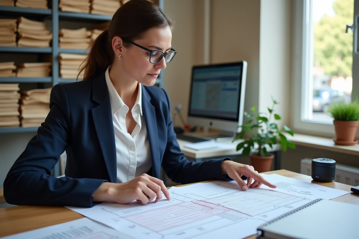 Instructrice en mairie examinant un plan de coupe terrain pour dossier de permis de construire garage avec annotations d'élévation