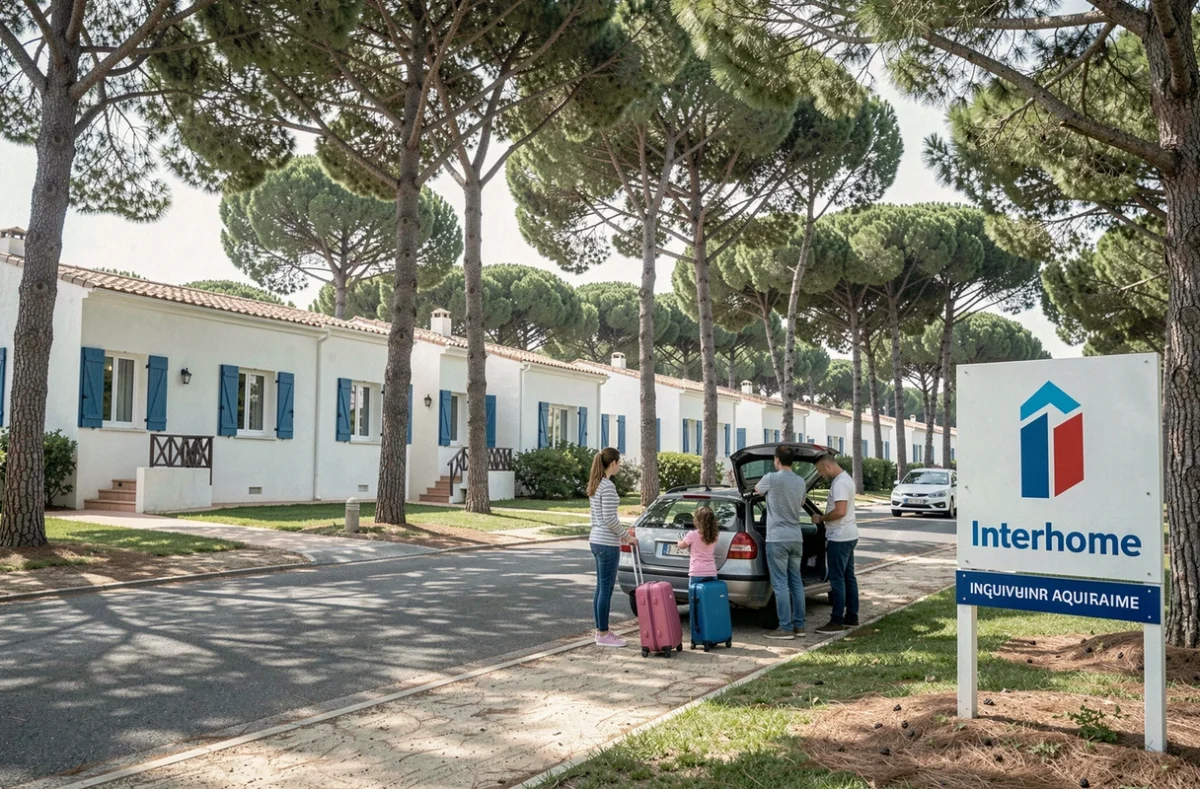 Résidence de location saisonnière Interhome sur le littoral aquitain avec rangée de villas et panneau d'entrée officiel