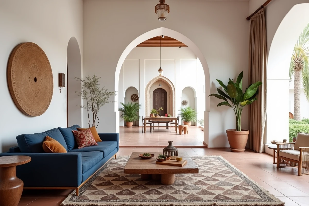 Intérieur d'un appartement rénové à Marrakech avec décoration traditionnelle marocaine et tadelakt blanc