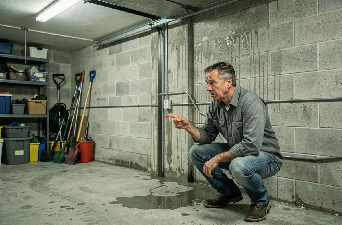Intérieur de garage mitoyen mal conçu avec condensation sur mur non isolé, câblage apparent et défaut de séparation coupe-feu, propriétaire inspectant les dégâts