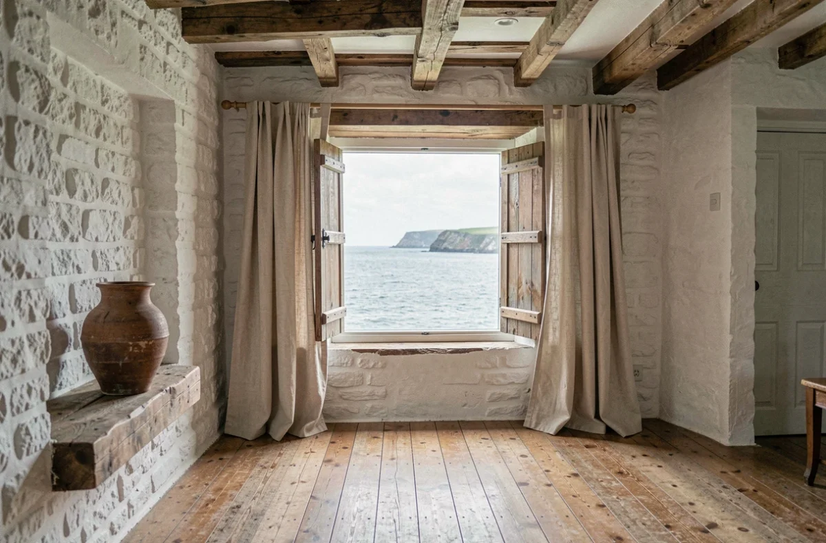 Intérieur authentique d'une maison normande en bord de mer avec vue sur la Manche et poutres apparentes