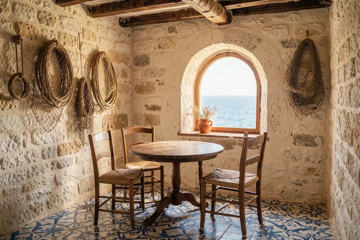 Intérieur authentique d'une maison de pêcheur méditerranéenne en copropriété avec carreaux provençaux et vue sur mer
