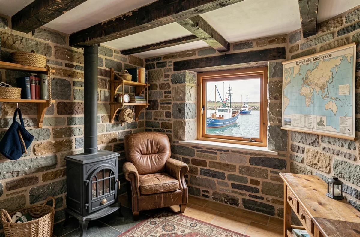 Intérieur rustique et rénové d'une petite maison de pêcheur avec poutres en bois et poêle en fonte