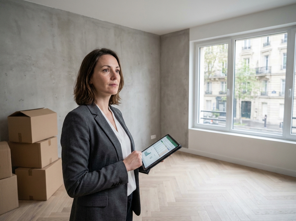 Investisseuse évaluant un appartement meublé en location avec des projections financières sur tablette dans un bien immobilier vide