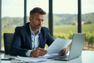 Investisseur immobilier prudent consultant des documents de propriété dans une agence moderne avec vue sur les coteaux