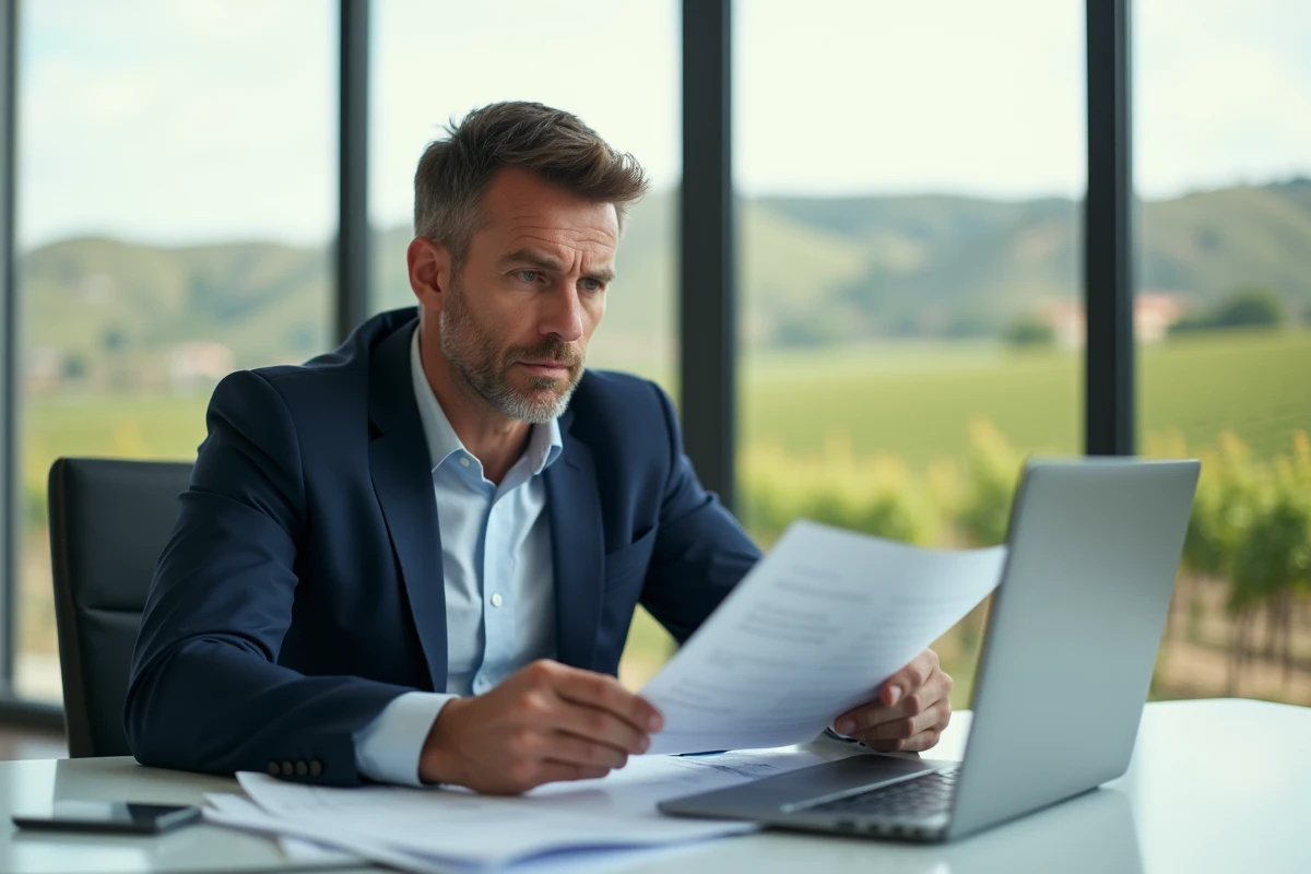 Investisseur immobilier prudent consultant des documents de propriété dans une agence moderne avec vue sur les coteaux