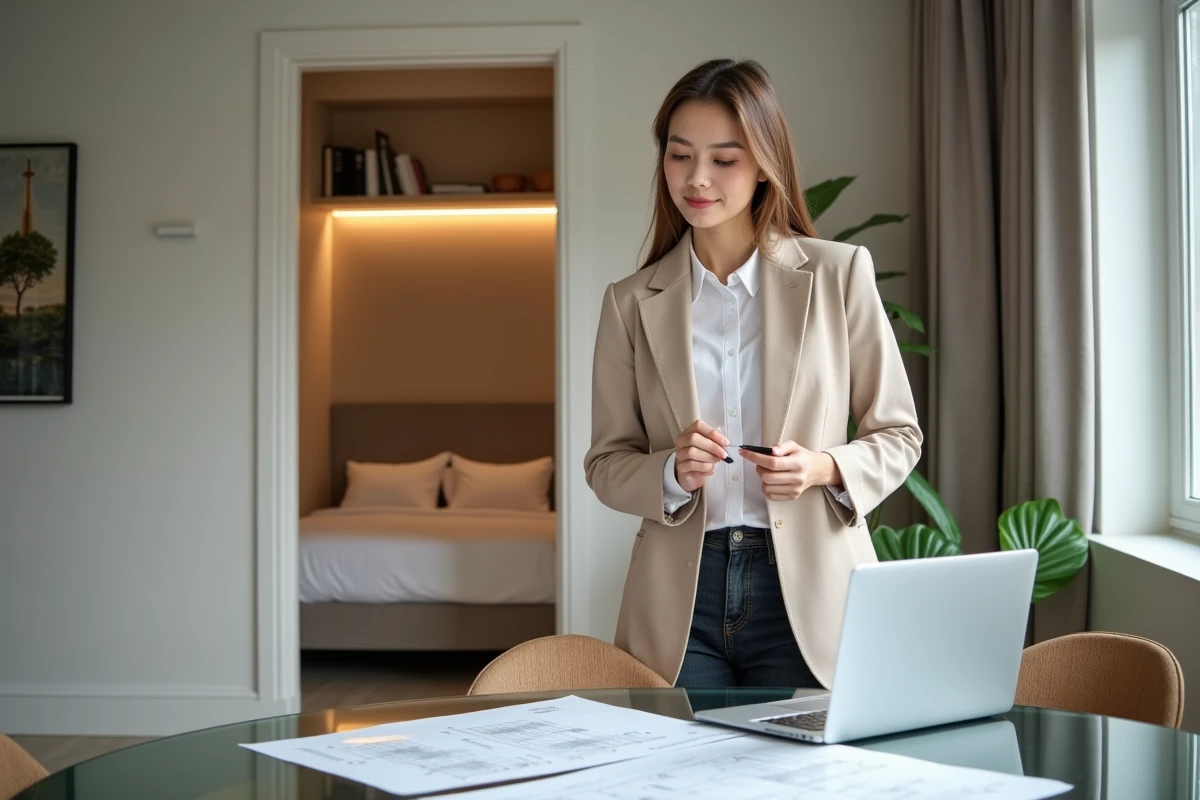 Investisseuse analysant les plans d'un appartement T1bis pour un projet de location Airbnb, avec documents et ordinateur sur la table