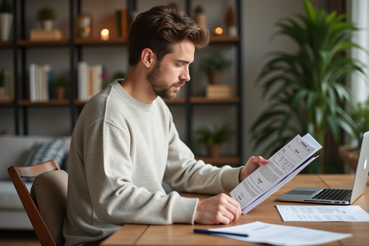 Jeune entrepreneur à la maison compare documents juridiques