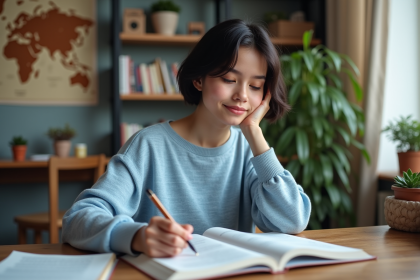 Jeune femme étudie un livre de français dans un bureau cosy