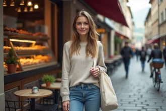 Jeune femme dans une rue de Grenoble devant une boulangerie