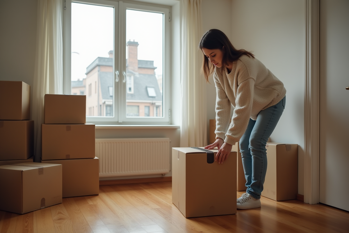Jeune femme emballant une boxe dans son salon ordonne