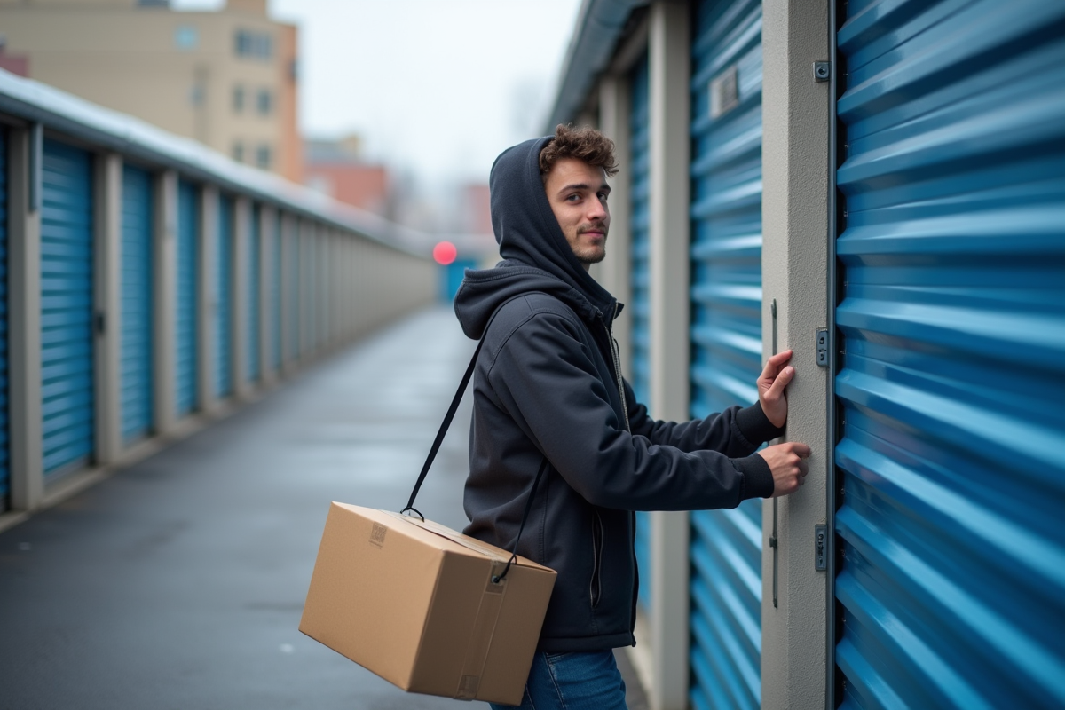 Jeune adulte verrouillant une unité de stockage extérieure