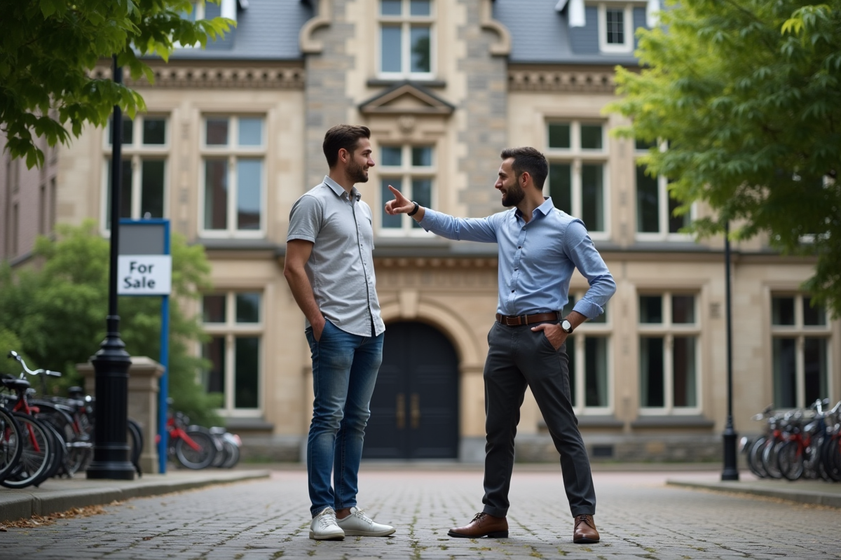 Jeune homme pointant un panneau à vendre devant un bâtiment historique