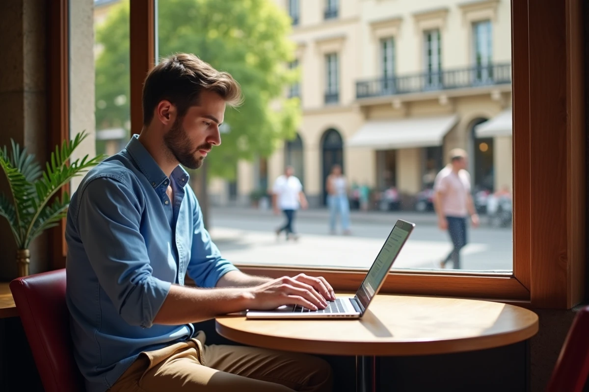Jeune homme étudiant à un café versaillais ensoleillé